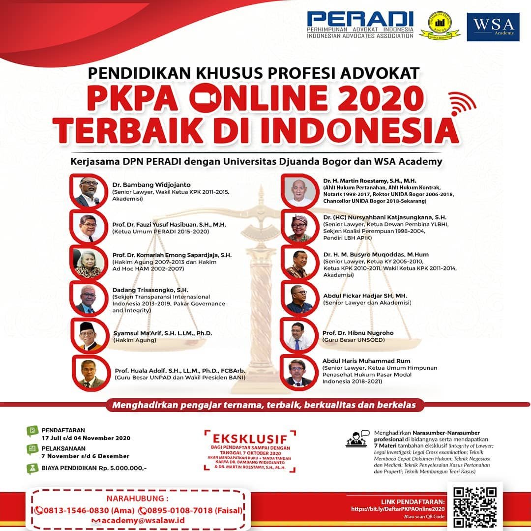 Pendidikan Khusus Profesi Advokat (PKPA) Online 2020 - PERADI, Universitas Djuanda Bogor dan WSA Academy